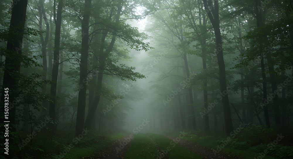 Obraz premium Mysterious Foggy Forest Path Enchanting Nature Trail in Misty Woods