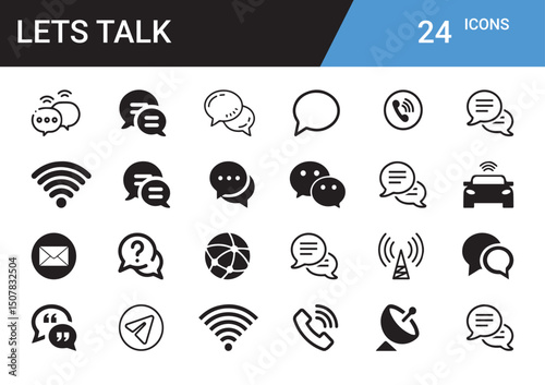 Communication Icons for Conversation and Digital Interaction: A collection of 24 meticulously designed icons representing communication, messaging, calls, and various digital interactions.