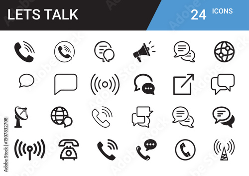 Communication Icons: A sleek collection of modern communication icons, meticulously designed to convey diverse aspects of dialogue, including phone, chat, and global reach.