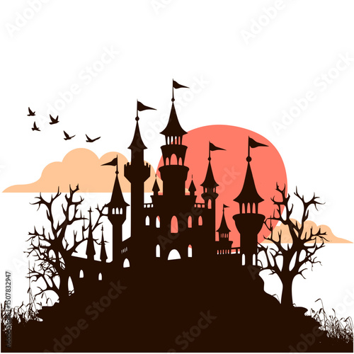 illustration of a scary castle silhouette design at dusk