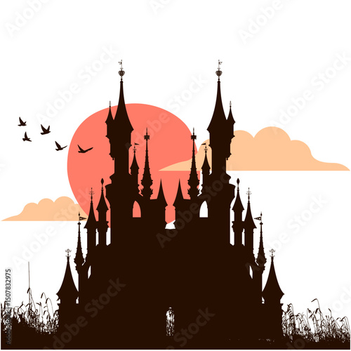 illustration of a scary castle silhouette design at dusk