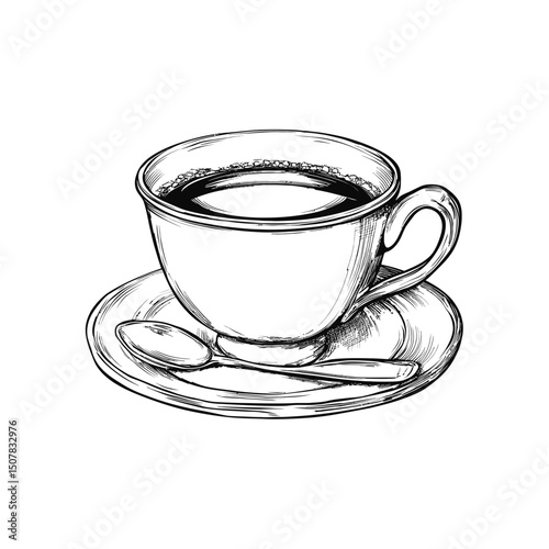 Single black and white sketch reveals a steaming coffee cup with a spoon