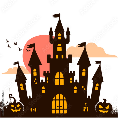 illustration of a scary castle silhouette design at dusk