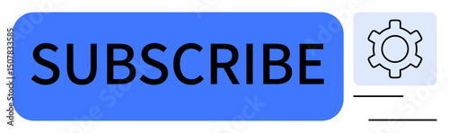 Blue rectangular subscribe button with bold text accompanied by a gear icon, symbolizing settings or customization. Ideal for user interface, subscription, digital marketing, website, call to action