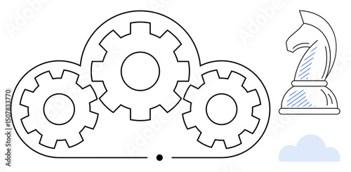 Interconnected gears within a cloud shape paired with a chess knight icon. Ideal for strategy, innovation, cloud computing, teamwork, planning, efficiency, decision-making. Flat simple metaphor