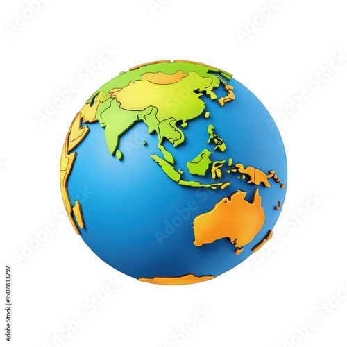 Colorful globe showing continents of Asia and Australia on a white background.
