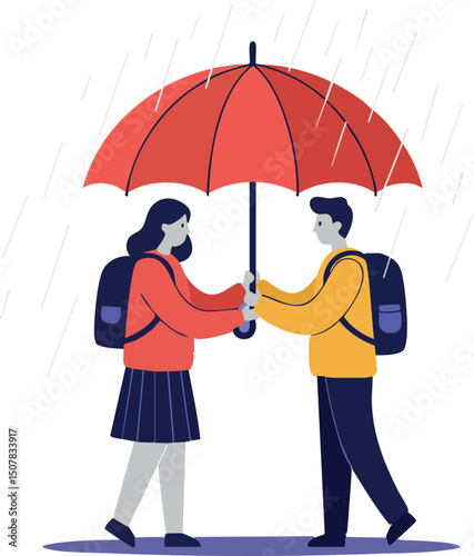 Couple sharing red umbrella in rain with backpacks walking together vector illustration