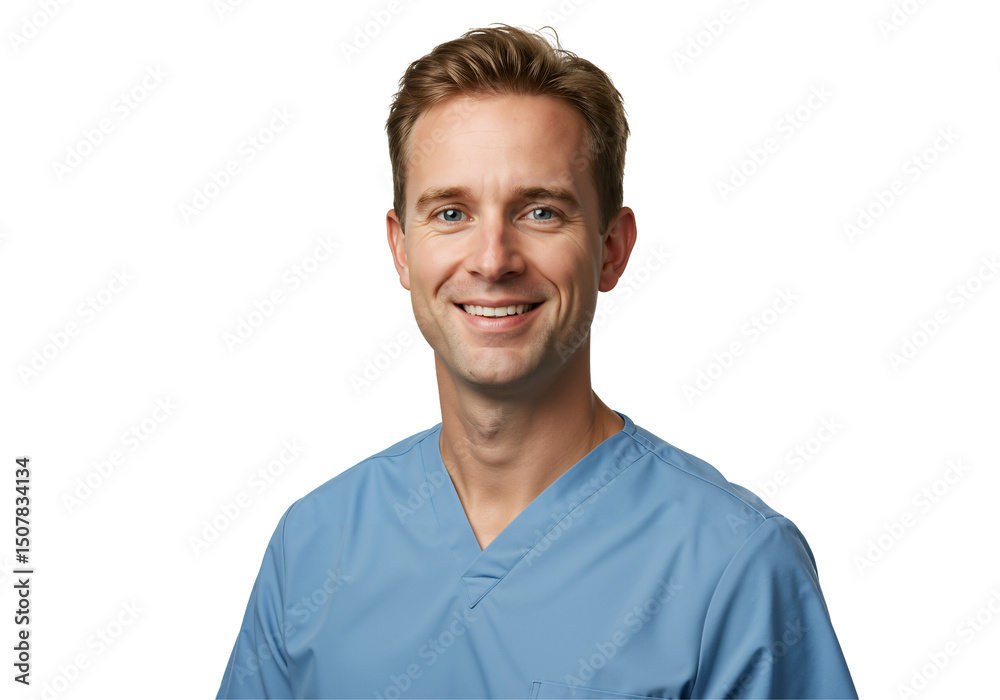Fototapeta premium Portrait of a smiling Caucasian male doctor or nurse in blue scrubs. Friendly healthcare professional looking at camera, isolated on transparent background. Medical worker headshot.