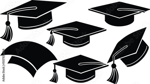 Graduation Caps Collection of Black Silhouettes for Education Designs