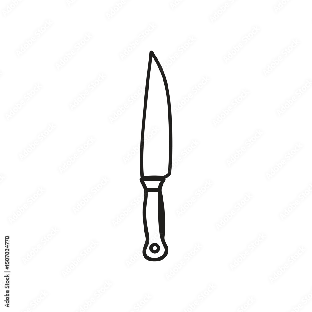 Single black outline illustration shows a kitchen knife with a round handle end Single black outline illustration shows a kitchen knife with a round handle end