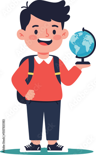 Boy holding globe standing with backpack smiling cheerful school child vector illustration