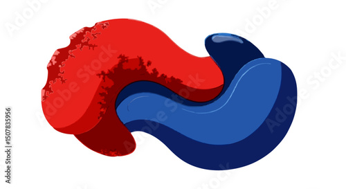 Abstract red and blue yin yang symbol with textured edge on a white background image design art