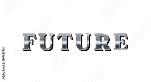 The word future displayed in a shiny metallic silver font on a plain white background image here now