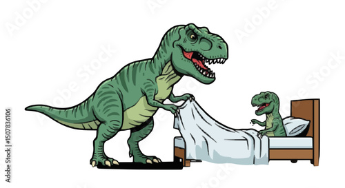 A cartoon of an adult tyrannosaurus rex putting a blanket on a baby t rex in a bed illustration