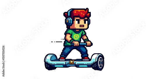 Pixel art style illustration of a boy with headphones riding a hoverboard on a white background