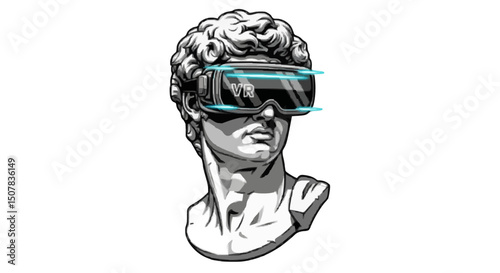 Statue head wearing a vr headset with blue accents and vr text on the front of the goggles view