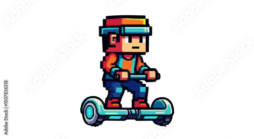 Pixelated character riding a hoverboard with a helmet and colorful clothing and pixel art style