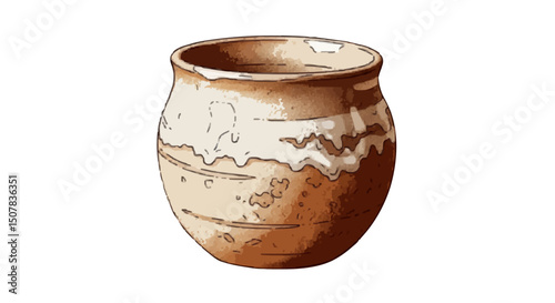 Illustration of a round earthenware pot with a light glaze effect on the upper portion of the pot