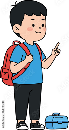 Young boy standing with backpack and lunchbox smiling and pointing upward vector illustration