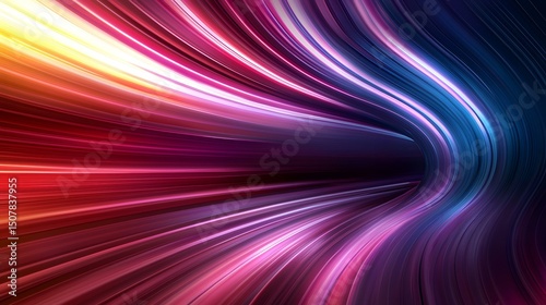 The image contains an abstract representation of swirling, colorful lines that create a tunnel-like effect.  The colors range from warm yellows and reds to cool blues and purples, creating a dynamic