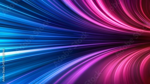 The image contains an abstract representation of light streaks or energy beams.  The colors shift from cool blues on the left to warm pinks and purples on the right, creating a dynamic, curving effec