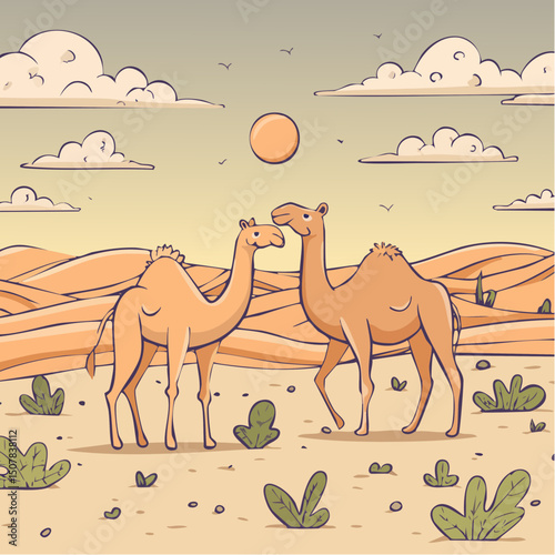 Vector Graphic: Camels in a Vast Sunny Desert 5