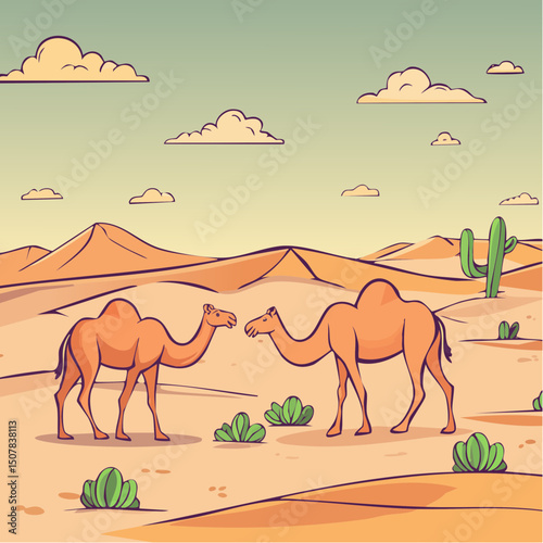 Vector Graphic: Camels in a Vast Sunny Desert 6