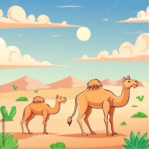 Vector Graphic: Camels in a Vast Sunny Desert 9