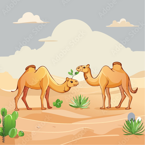 Vector Graphic: Camels in a Vast Sunny Desert 10