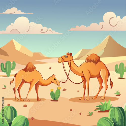 Vector Graphic: Camels in a Vast Sunny Desert 11