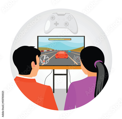 Two People Play Racing Video Game Together at Home, Too Close to TV Screen.