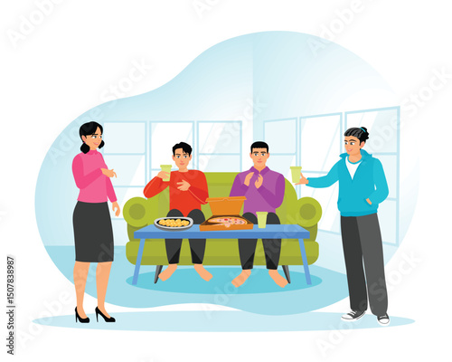 Friends spend time together, Talking, Enjoying Meal, Drink and Pizza at Home.