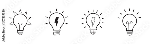 Set of light bulb vector icons. Lighting Electric lamp, electricity, shine, shiny. Lamp, lightbulb icon set.  Light Bulb line icon vector, isolated on white background.