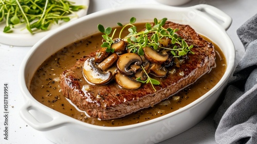 Deliciously seared steak topped with sautéed mushrooms and fresh herbs, served in a white dish. Perfect for gourmet dining and food photography enthusiasts alike. photo