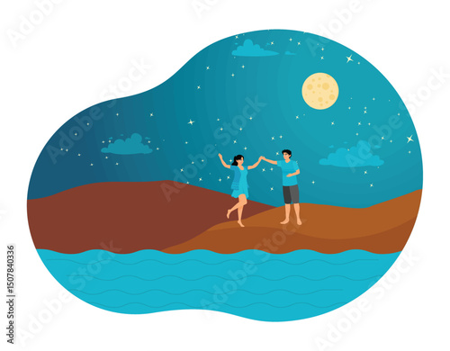 Romantic Couple Walking Under the Moonlight at Sea Coast.