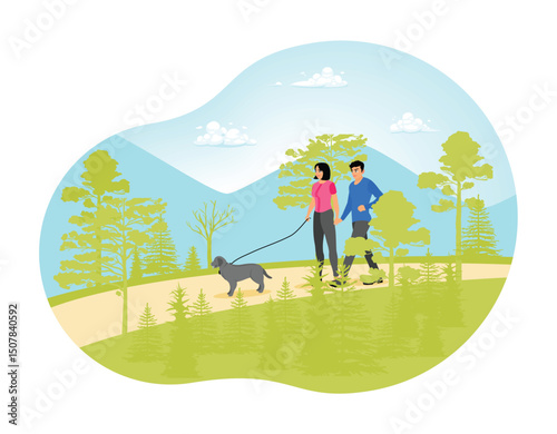 Couple Walking with Their Dog on a Nature Path in a Scenic Forest.