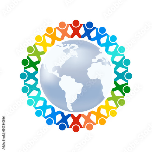 People holding hands around the world. Vector isolated on white background.