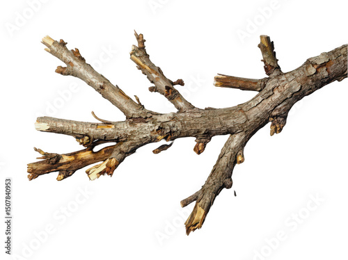 Dry tree branch with rugged texture and natural details against a white background.