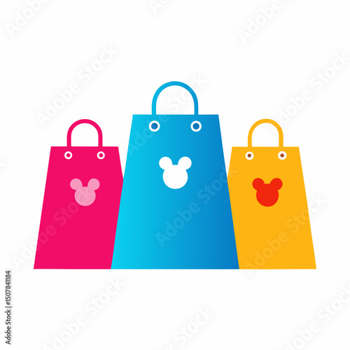 Colorful shopping bags with logo icon on white background.