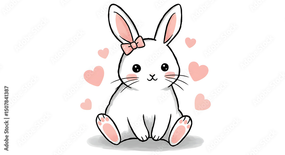 Fototapeta premium Adorable White Bunny Rabbit Cartoon Illustration with Pink Bow and Hearts Cute Animal Graphic Design