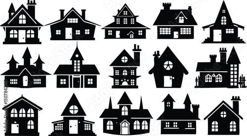Collection of Black and White House Silhouettes Diverse Architectural Styles
