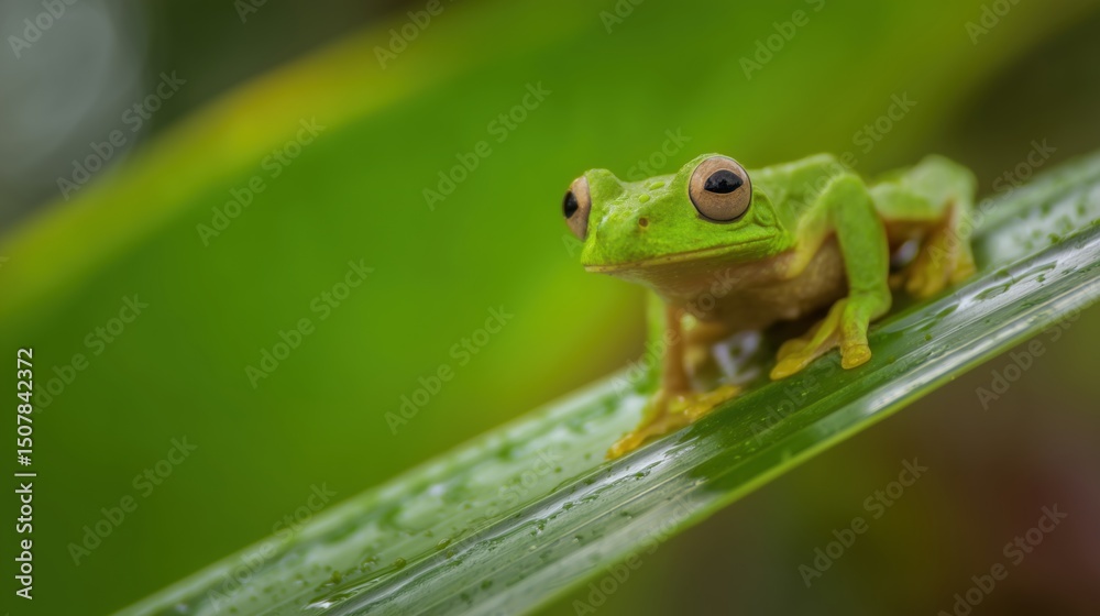 Naklejka premium A vibrant tree frog rests on a tropical leaf, embodying nature's delicate beauty.