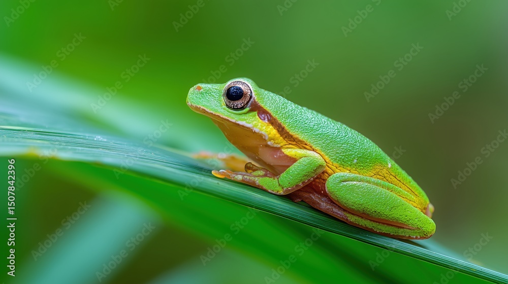 Naklejka premium A vibrant tree frog rests on a tropical leaf, embodying nature's delicate beauty.