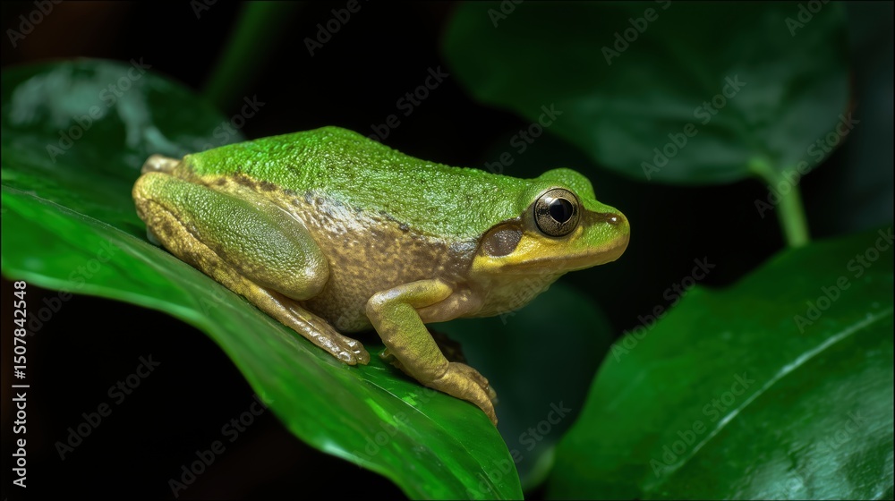 A vibrant tree frog rests on a tropical leaf, embodying nature's delicate beauty. A vibrant tree frog rests on a tropical leaf, embodying nature's delicate beauty.