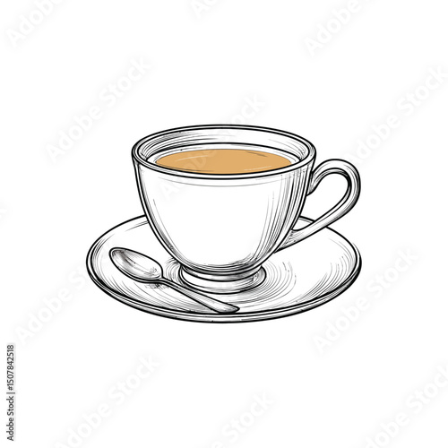 Sketched coffee cup with a spoon rests delicately on its matching saucer, rendered transparent