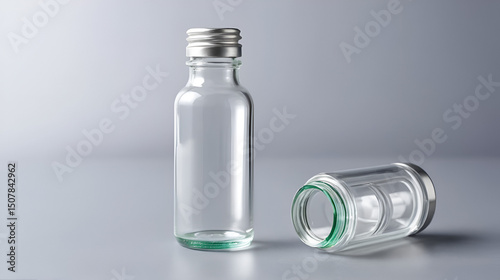 Glass medical ampoule vial for injection. Medicine is dry white drug penicillin powder or liquid with of aqueous solution in ampulla. Close up. Bottles ampule with aluminum cap on backgrounds gray.