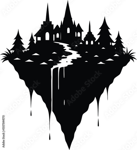 Floating Island Village A Silhouette Illustration of a Fantasy Town