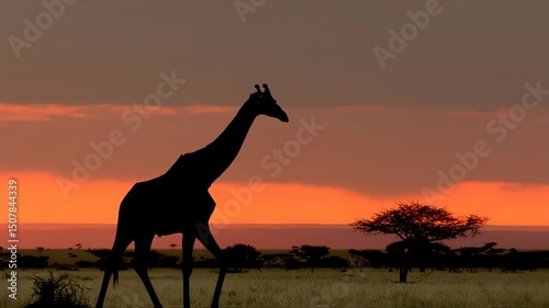 Giraffe silhouette walking on sunset background