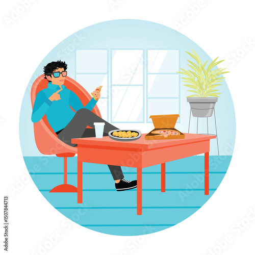 A Man Enjoys Pizza and Snacks Alone at Home.