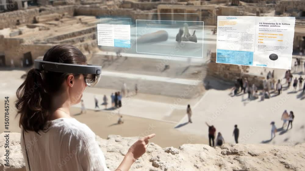 Woman Using Augmented Reality Headset at an Ancient Site